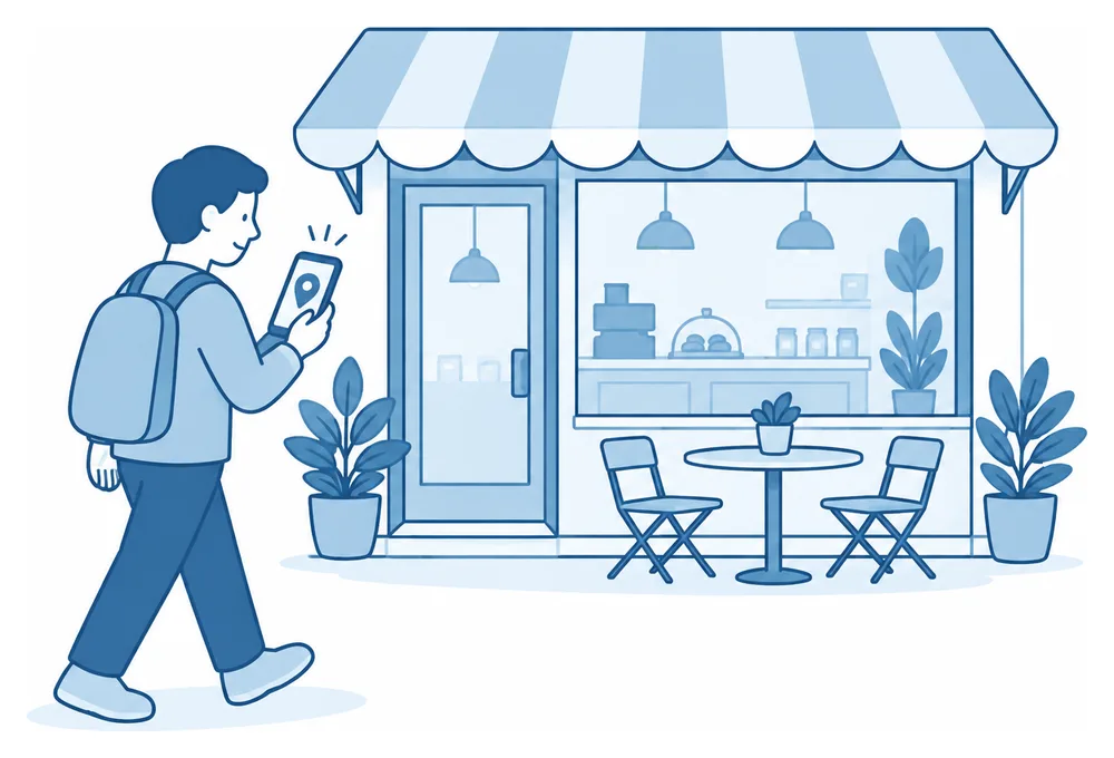 スマートフォンの地図を見ながら、小さなカフェに向かうお客さんのイラスト